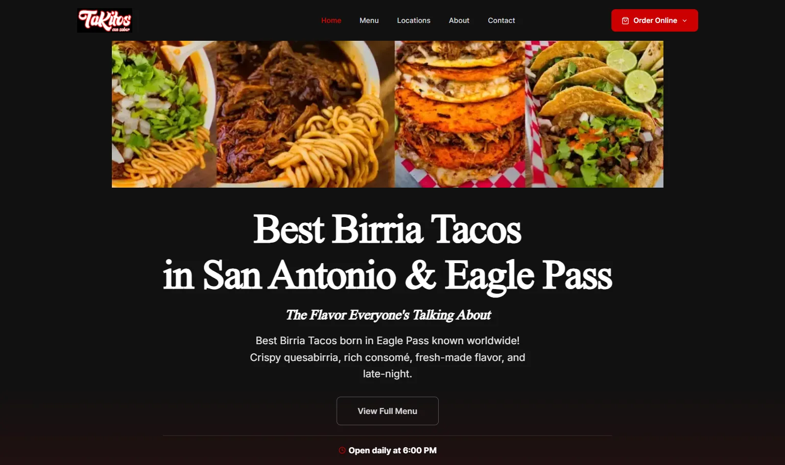 Homepage of the Takitos Con Sabor website with food photographs, a headline and a button to view the full menu.