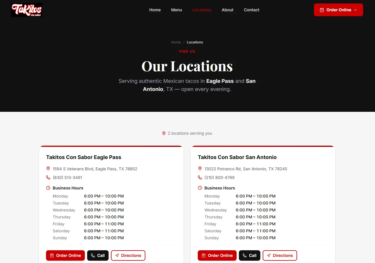 Locations page listing the Eagle Pass and San Antonio restaurants with address, phone, daily hours and buttons to call or get directions.