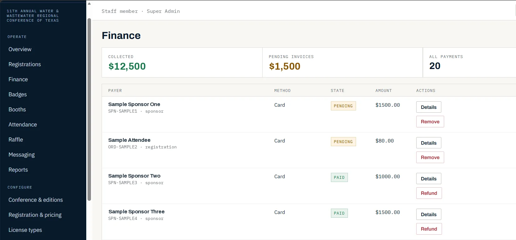 Finance screen listing payments with payer, method, state and amount, and buttons for details and refunds.