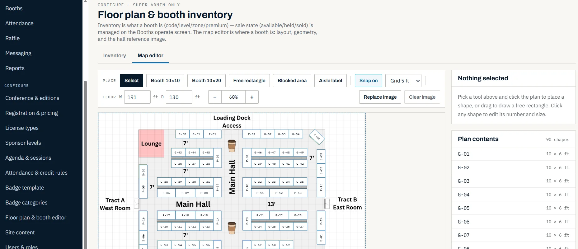 Floor plan editor where staff place and size booths on the exhibit hall plan.