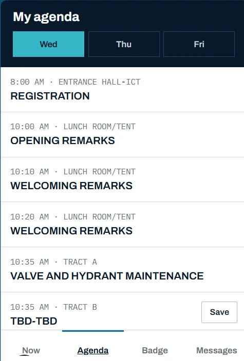 Attendee agenda on a phone listing sessions by time and room for the first day.
