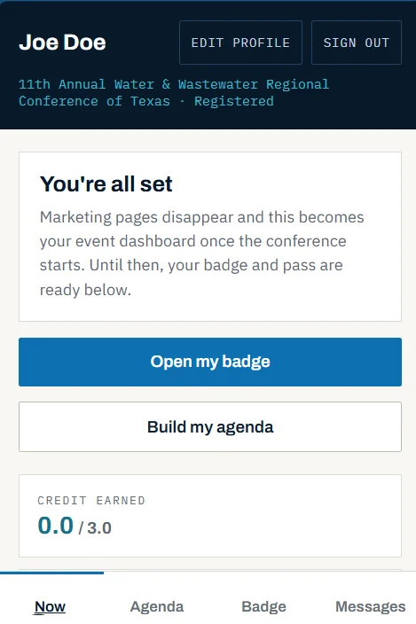 Attendee home screen on a phone with buttons to open the badge and build an agenda, and credit hours earned.