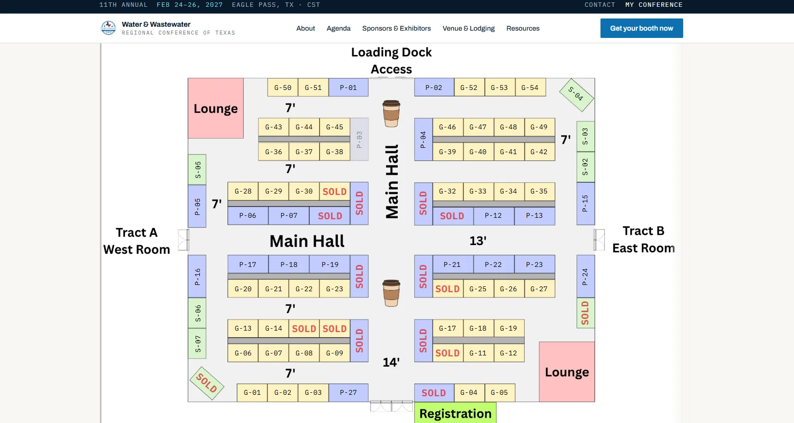 Live floor plan of the exhibit hall. Booths are colored by sponsor level and sold booths are marked.